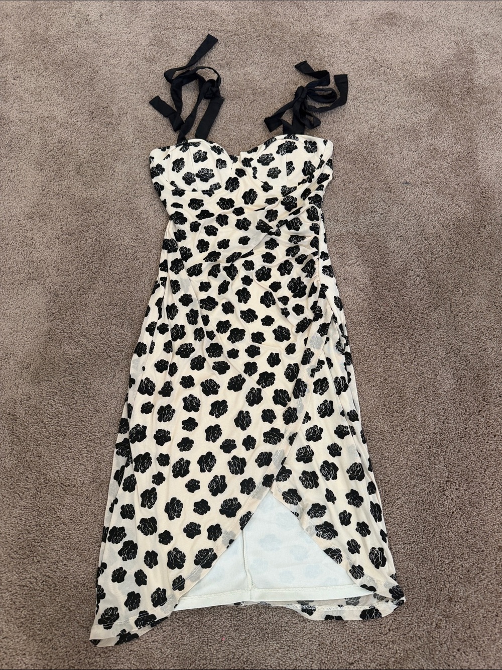 Black & White Floral Midi Dress with Tie Straps